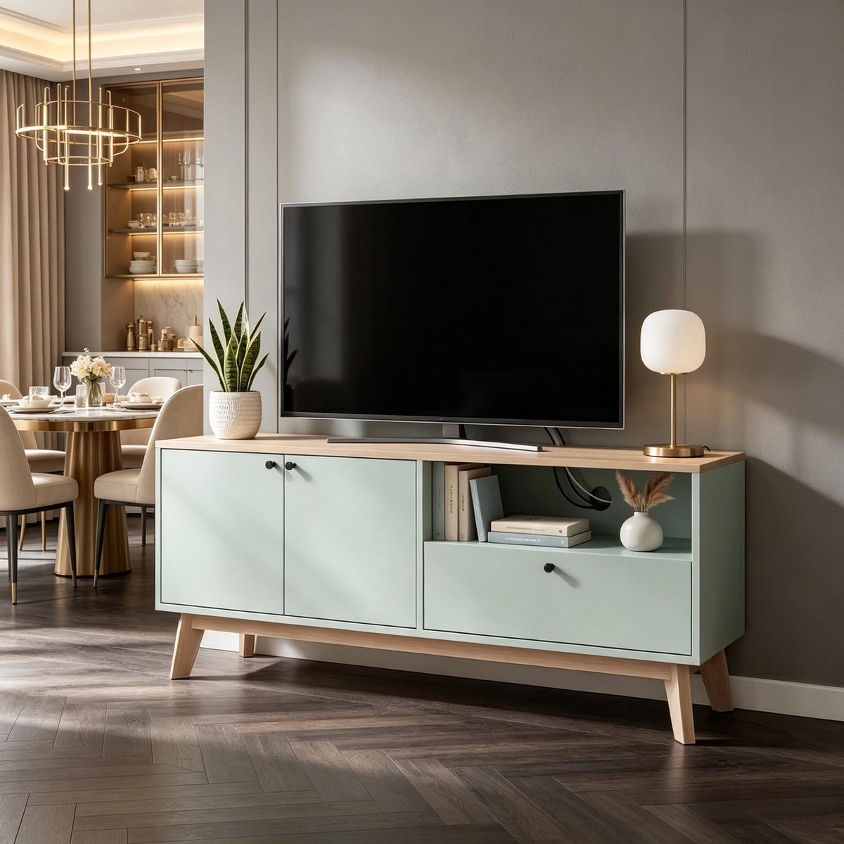 Clruro Tv-meubel - 120 × 35 × 50 cm - met 2 Deuren - MDF - Lichtgroen en Eikenkleur