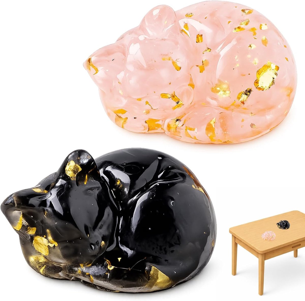 SnelShoppen - 2 Stuks Kattendecoratie Kattenfiguren, Kristal Obsidiaan & Roze Kristallen, Decoratief Standbeeld voor Kattenliefhebbers, Bureau Decorat