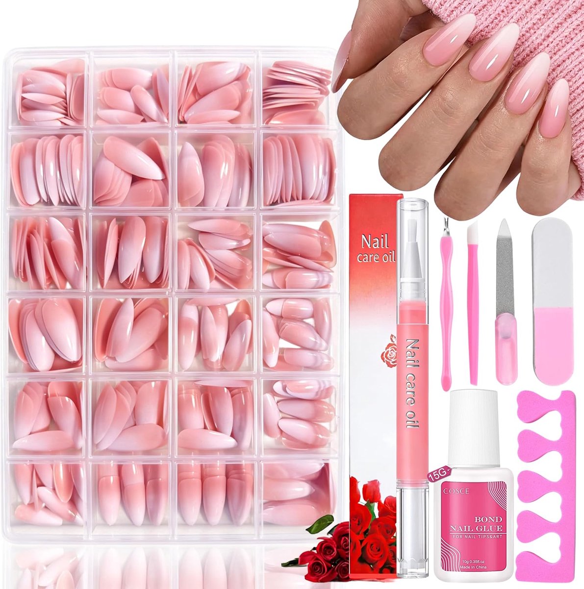SnelShoppen - Set van 240 Kunstnagels voor Plakken, 15 Maten, Gradient Baby Nude Amandelvorm, Valse Nagels voor Nail Extensions met Opbergdoos
