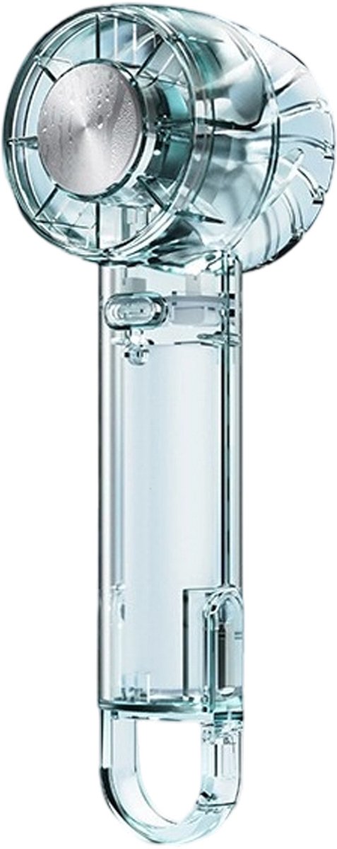 Transparante handventilator met ijskoeling en uitschuifbare haak – 3 snelheden, oplaadbare mini-ventilator (USB-C) voor sportschool, kantoor, reizen en buiten – Kristalhelder ontwerp