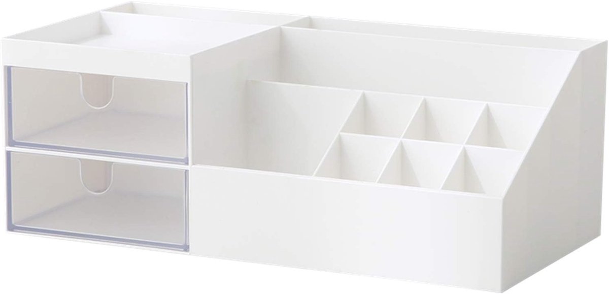 SnelShoppen - Makeup Organizer, Desk Organizer, Cosmetic Organizer met 10 Compartimenten en 2 Transparante Lades, Wit ABS Plastic, Ideaal voor Makeup,