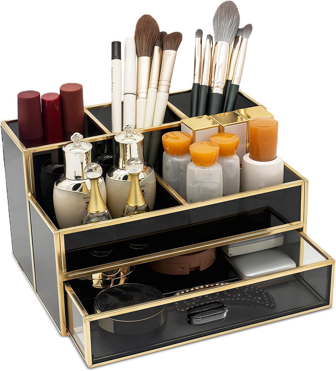 SnelShoppen - Multifunctionele Cosmetic Organizer met Lades, Makeup Organizer Opslag Zwart, Glazen Makeup Borstelhouder, Schoonheid Organizer voor Sla