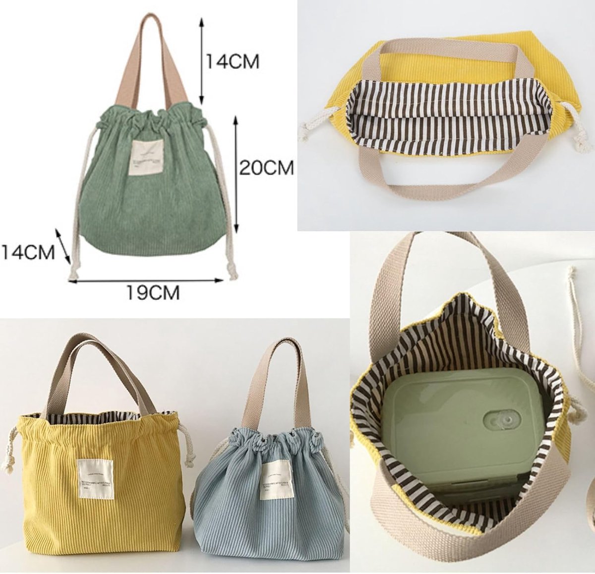 SnelShoppen - Portable Drawstring Corduroy Bento Lunch Bag - Insulated Tote Bag voor Werk, School, Picknick, Camping - Lichtgewicht, Multifunctioneel,