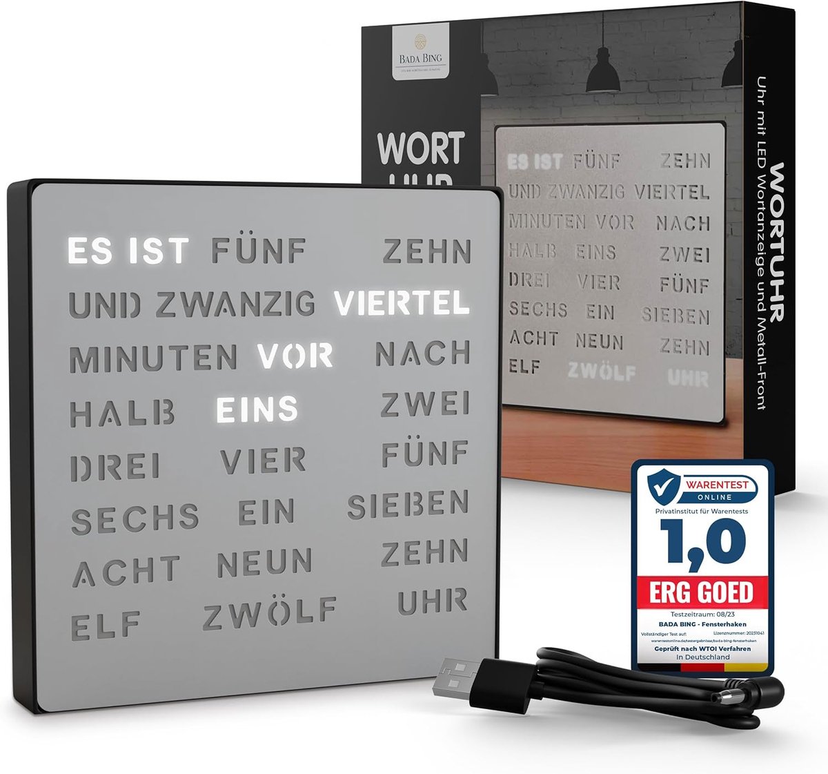 SnelShoppen - Bada Bing LED Woordklok, Zilver, Moderne Tafel- en Wandklok, Stijlvol Metaal, USB Kabel, Hoge Kwaliteit, Stil, Decoratief Cadeau