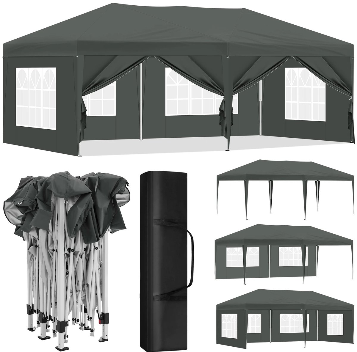 Velori Opvouwbaar Tuinpaviljoen 3x6 m - Partytent met 6 Zijwanden - Waterdichte Partytent - UV-Bestendig Paviljoen - Opklapbare Feesttent - Antraciet/Zwart