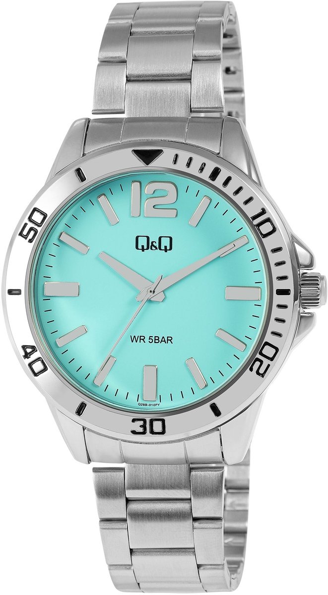 Q&Q Herenhorloge roestvrij staal Roestvrijstalen band, zilverkleurig/lichtblauw, 5 ATM, D 44 mm