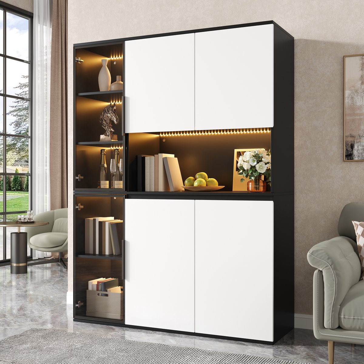 HAUSS SPOLE Buffetkast - Met Glazen Vakken En LED-Verlichting - Voor Woonkamer Eetkamer En Kantoor - MDF - 120x40x160 Cm - Zwart Wit