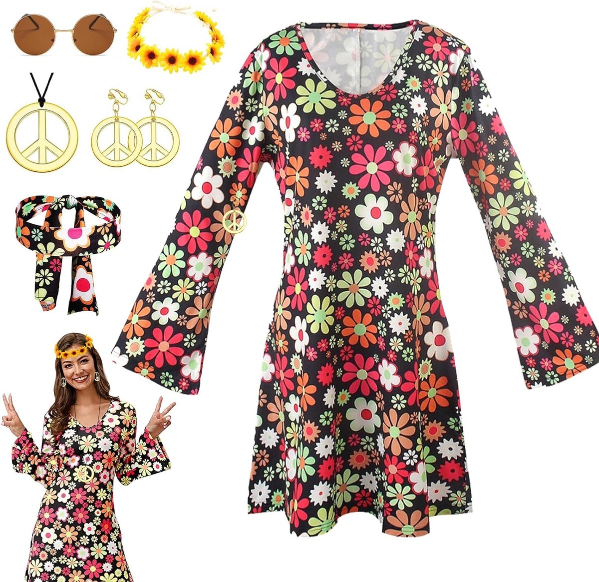 Hippie kostuumset voor vrouwen, 70s outfit voor carnaval, disco outfit voor feesten, kleurrijke hippiekleding, retro dameskostuum
