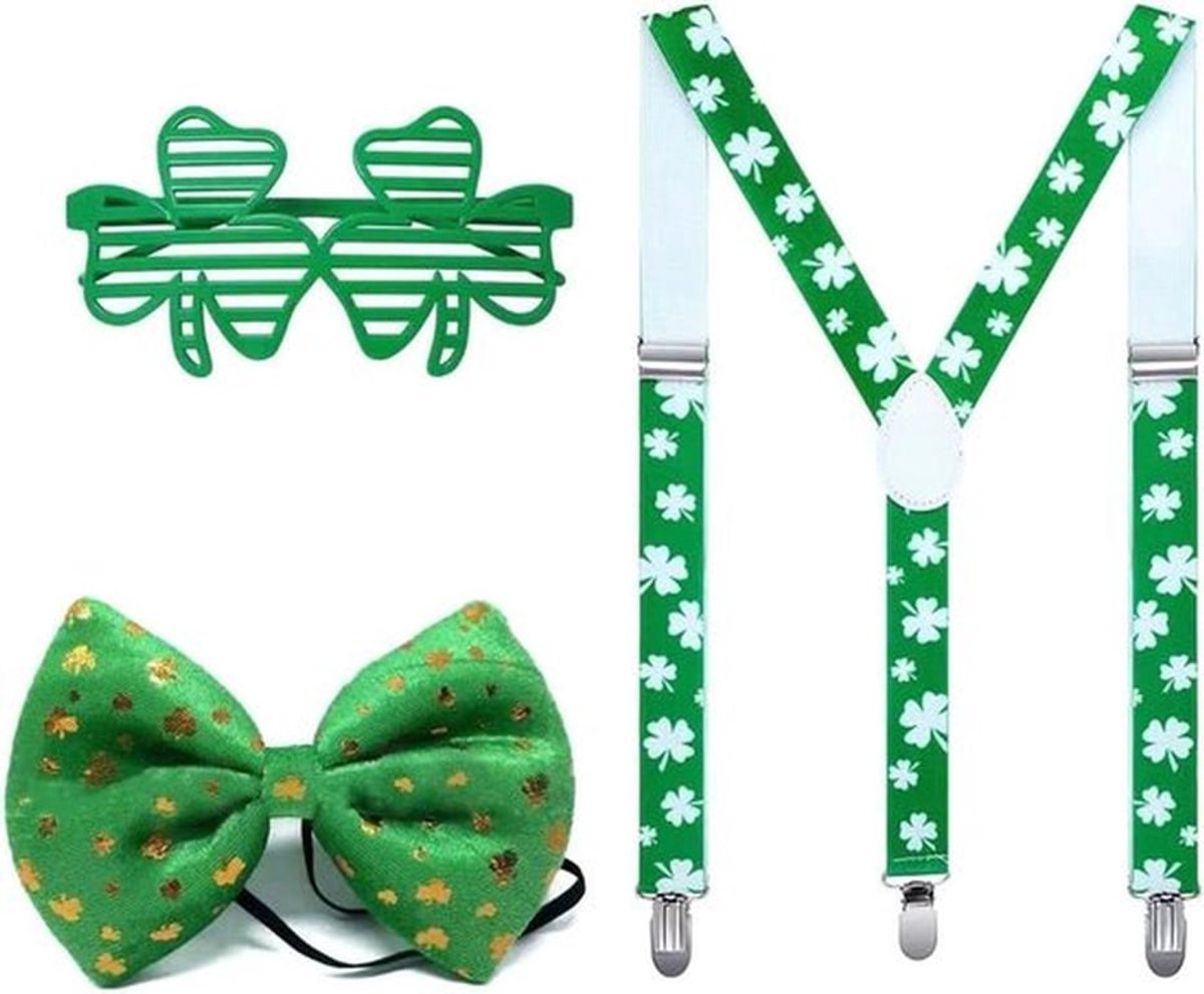 St. Patrick's Day-kostuumaccessoires: 3-delige set met bretels, bril en klavertasje voor feest en carnaval