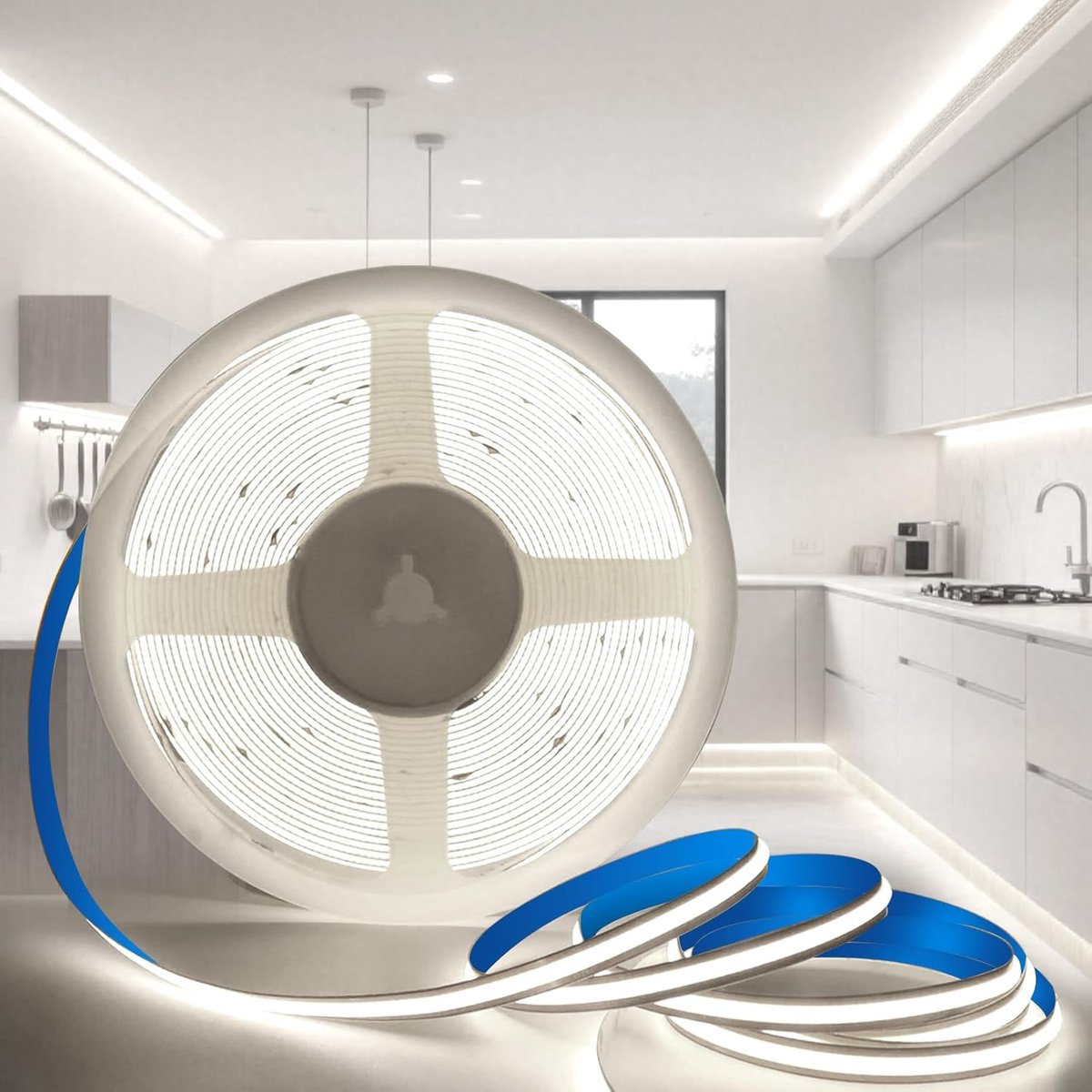 SnelShoppen - COB LED Strip 5M, Zelfklevende 12V LED Strip Warmwit 6000K, Flexibele Lichtband 8mm Breed, CRI90+, 320 LEDs/m voor Keuken, Woonkamer, Sl