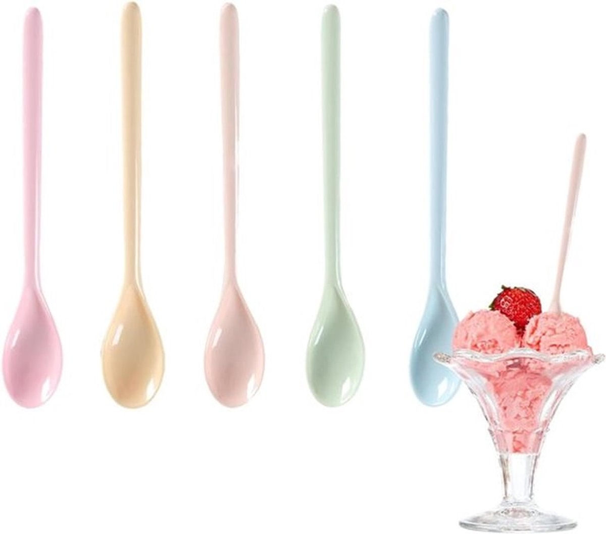 5-delige set plastic lepels - lang - melamine - yoghurtlepel - gekleurde dessertlepel - keramisch imiterend design - jamlepel - voor koffie, eieren, yoghurt