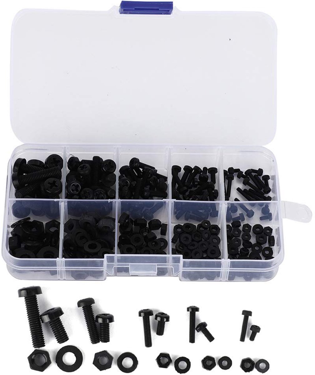 SnelShoppen - 270-delige Nylon Schroeven Set M2-M5 met Moeren en Ringen, Corrosiebestendig, Compleet Assortiment in Zwarte Opbergdoos