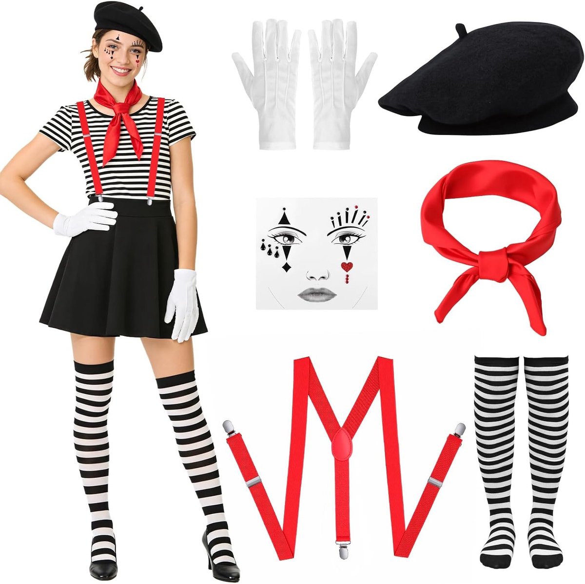 Pantomime Kostuum Set voor Vrouwen met Clown Outfit, Beret, Sjaal, Handschoenen en Tattoo Sokken voor Carnaval en Cosplay Feestjes