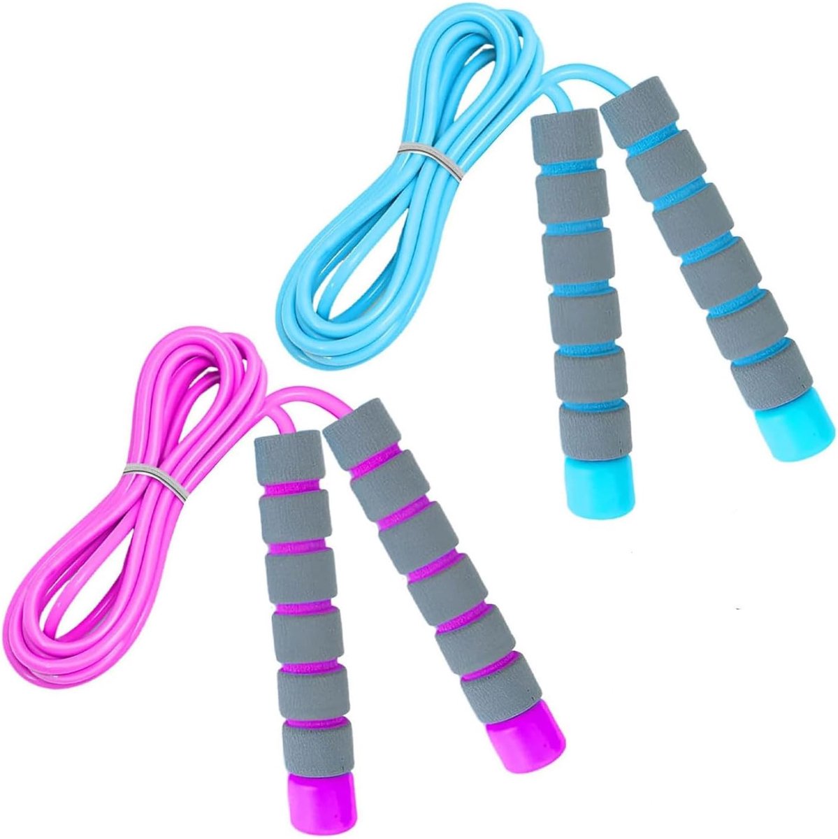 SnelShoppen - 2 x Kinder Springtouwen, Verstelbaar voor Jongens en Meisjes 3-12 Jaar, Comfortabele Schuimhandvatten (Paars + Blauw) - School Spel, Bui