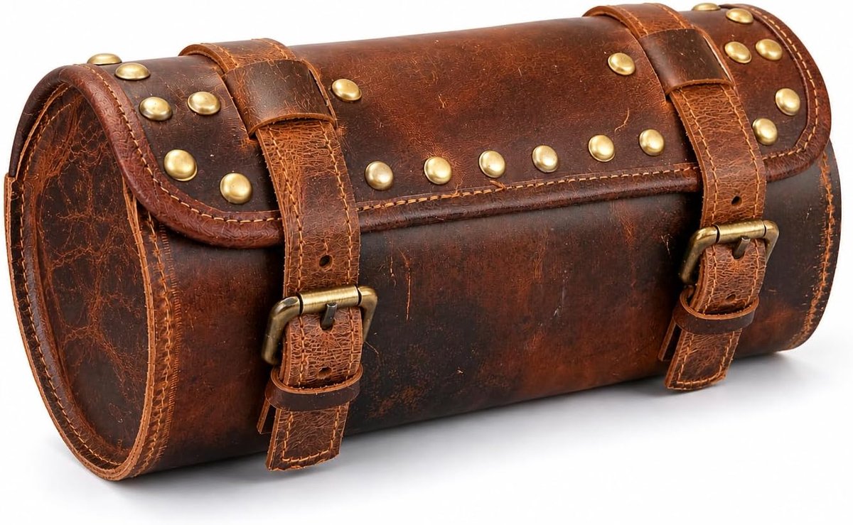 SnelShoppen - Vintage Echt Geitenleer Motorfiets Tas - 2 Leren Sloten, Gesp Sluiting, Bruine Tool Bag, Snelsluiting Versterkt voor Stuur, Vorken, Rond