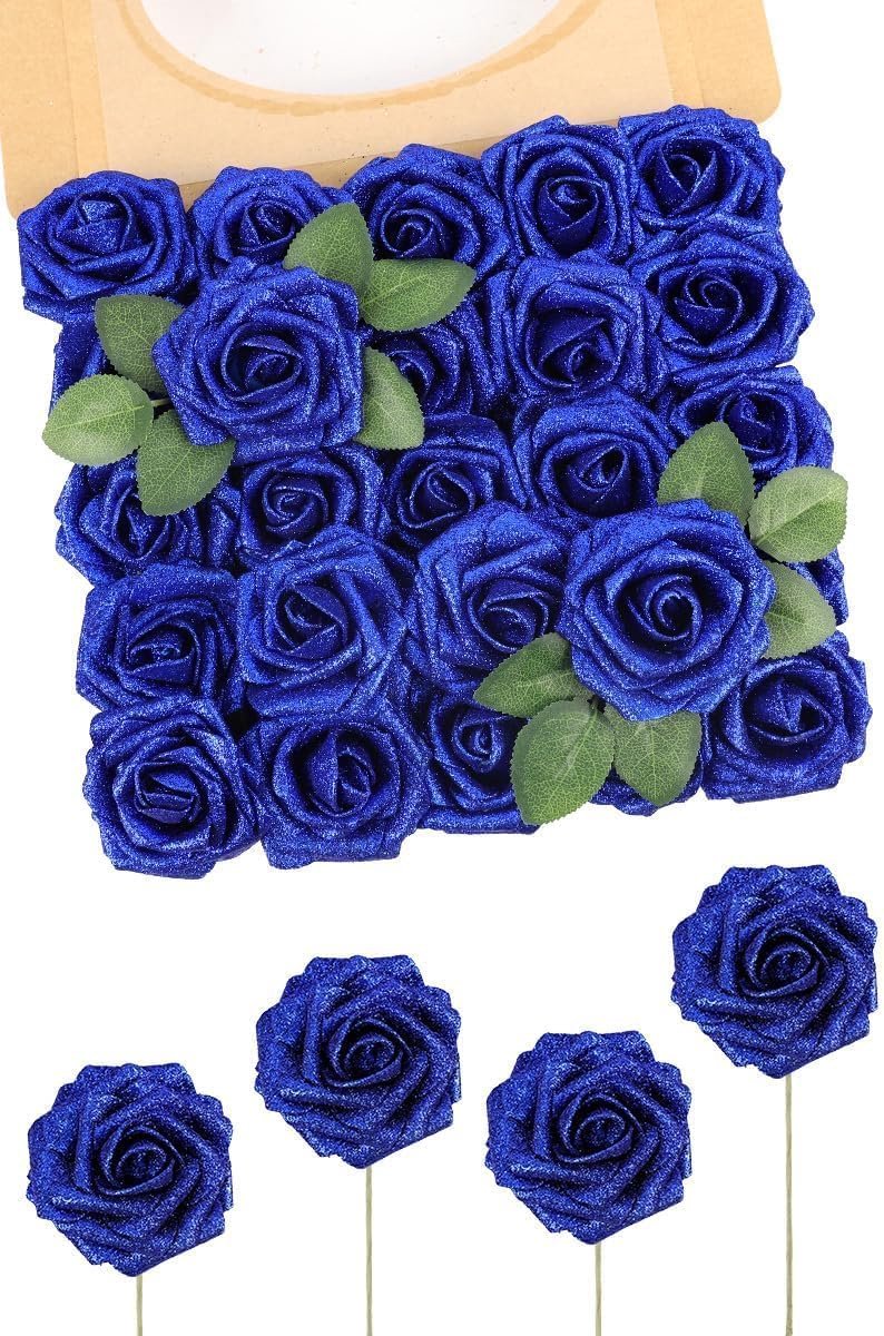 SnelShoppen - 25 Stuks Kunstbloemen Glitter Rozen Blauw, DIY Bloemen met Stelen voor Bruiloft, Boeketten, Tafelstukken, Feesten, Baby Shower en Woonde