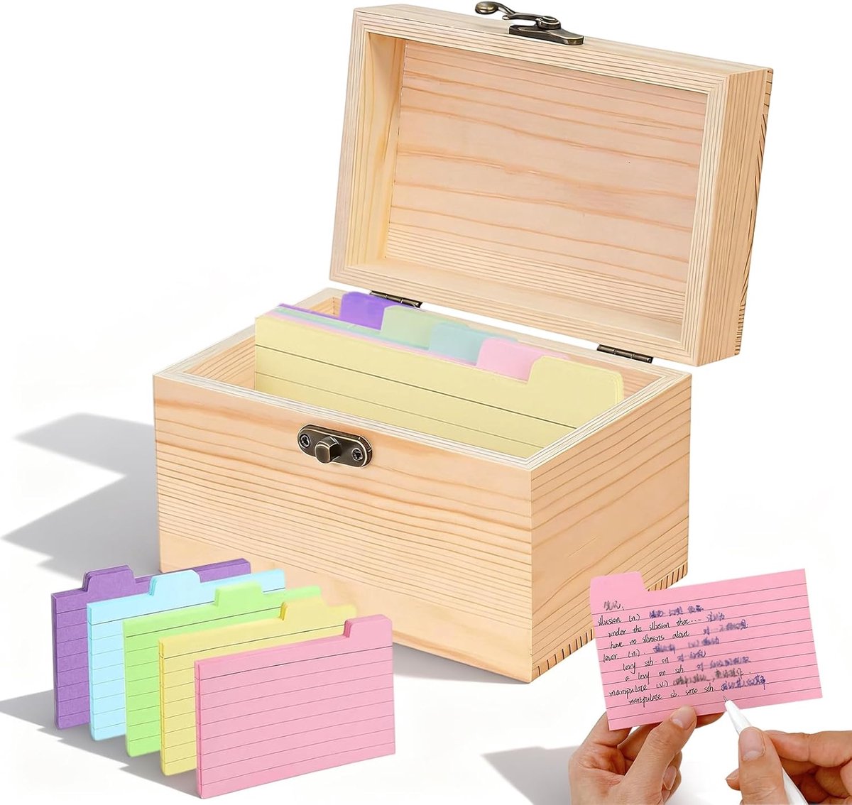SnelShoppen - Houten Indexkaartenbox 15 x 10 x 10,5 cm met 50 Kleurige Leerkaarten - Perfect voor Notities, Zakelijke Kaarten en Studie