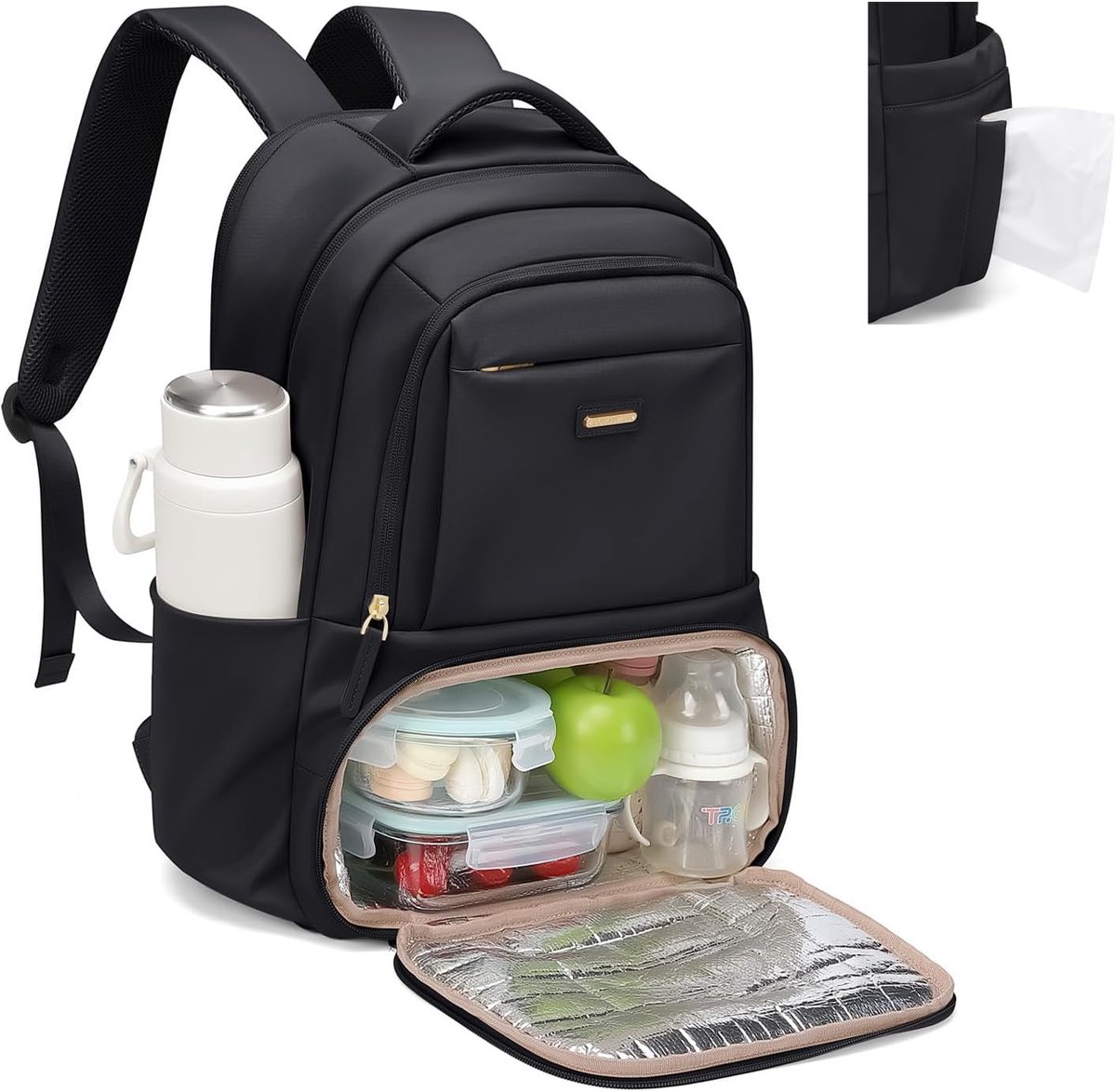 SnelShoppen - 16 Inch Laptop Rugzak met Geïsoleerde Lunchbox, Zwarte Rucksack Backpack voor School, Werk, Camping en Picknicks