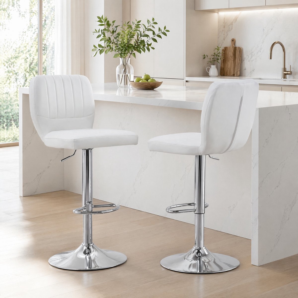 DESMIU Barkruk - Set Van 2 - Verstelbare Zithoogte 62 Tot 83 Cm En 360 Graden Draaibaar - Voor Keuken En Bar - Kunstleer Wit
