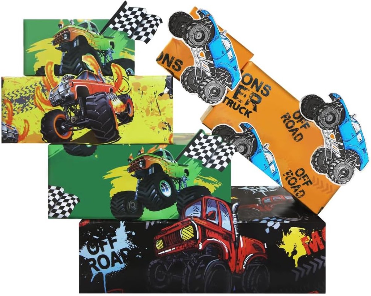 SnelShoppen - Kleurvolle Dune Buggy Off Road Voertuigen Cadeaupapier voor Kinderen - Monster Truck Thema - 4 Vellen 50 x 70 cm - Verjaardagsfeest, Cad