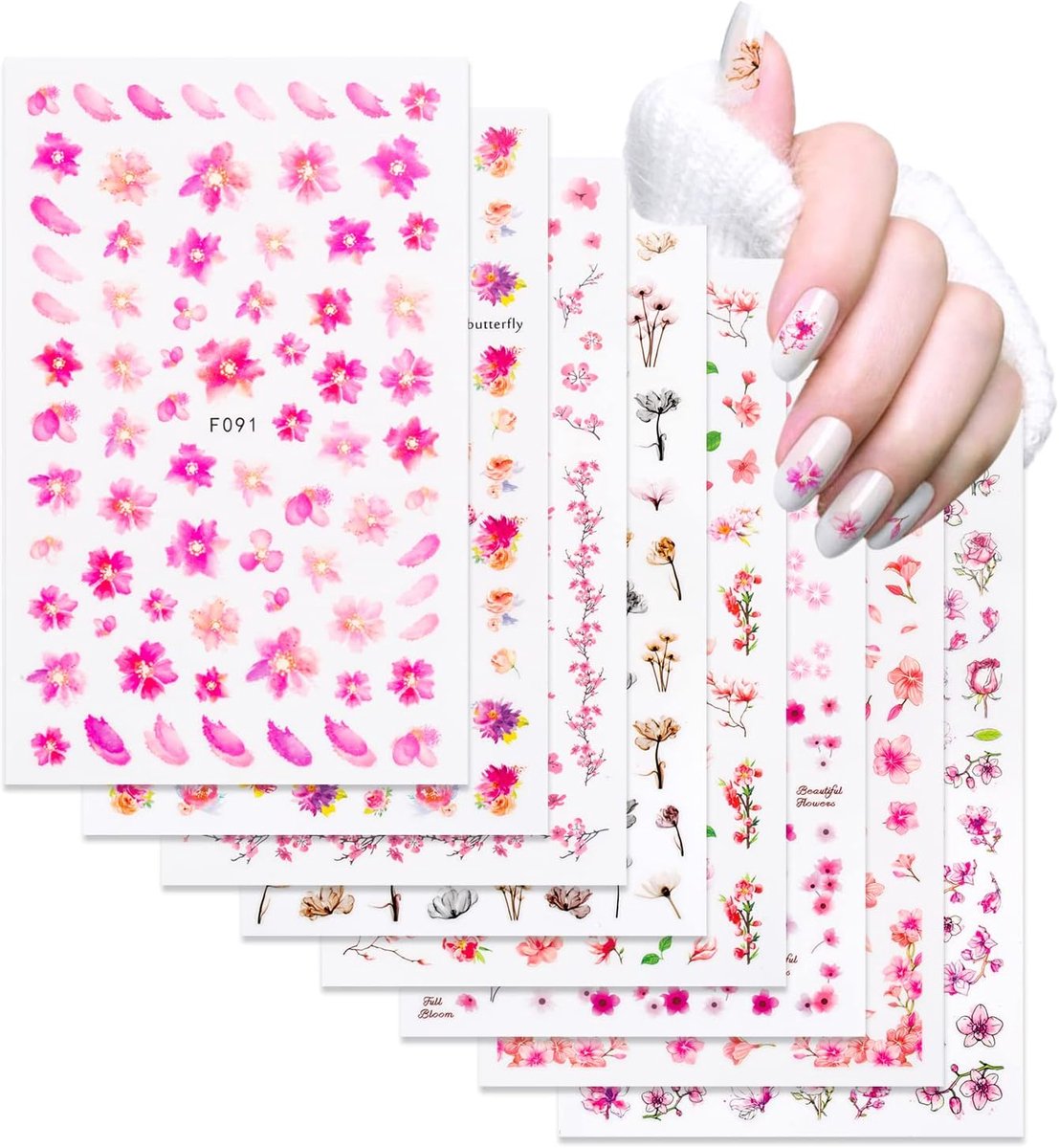SnelShoppen - 8 Bladen Zelfklevende Nagelstickers Bloemset Roze 3D Nagelkunst Nageldesign Tatoeages voor Vrouwen Meisjes Kinderen