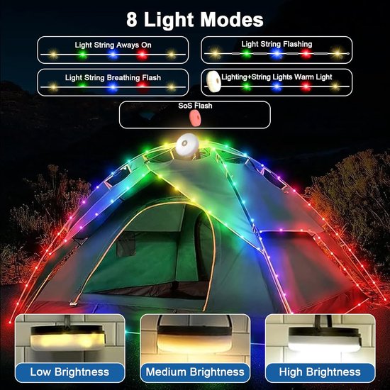 SnelShoppen - 12m Solar Camping Lichten met Afstandsbediening - 120 LED Fairy Lights - Oplaadbaar, USB, 8 Verlichtingsmodi - Buiten, Kerst, Camping, T — afbeelding 5