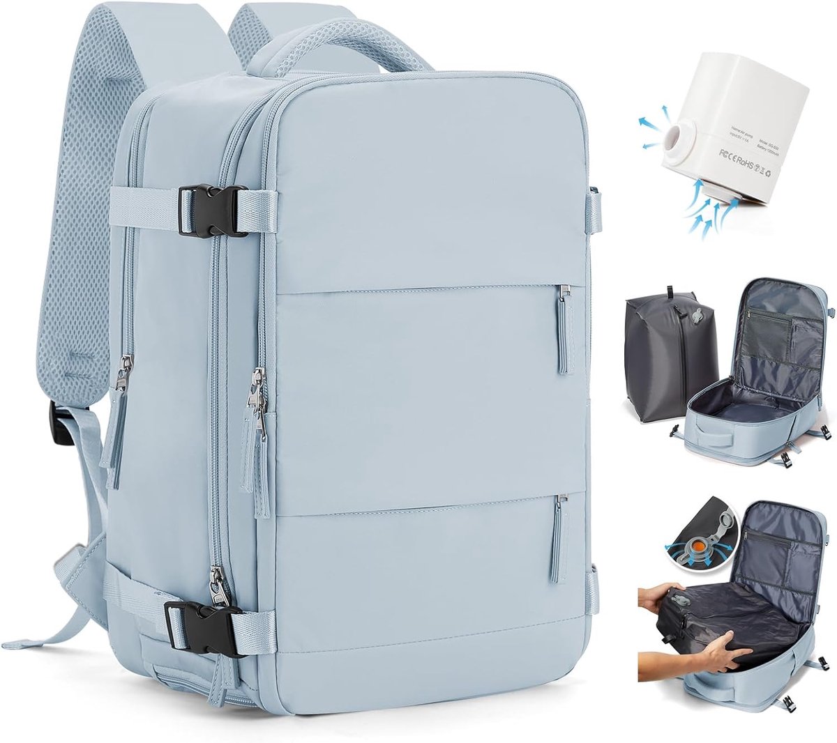 SnelShoppen - Vacuum Backpack Hand Luggage 40x30x20 voor Ryanair & Easyjet - Compressie Rugzak met Pomp - Weekend Bag, Hiking & Casual Daypack - Grijs