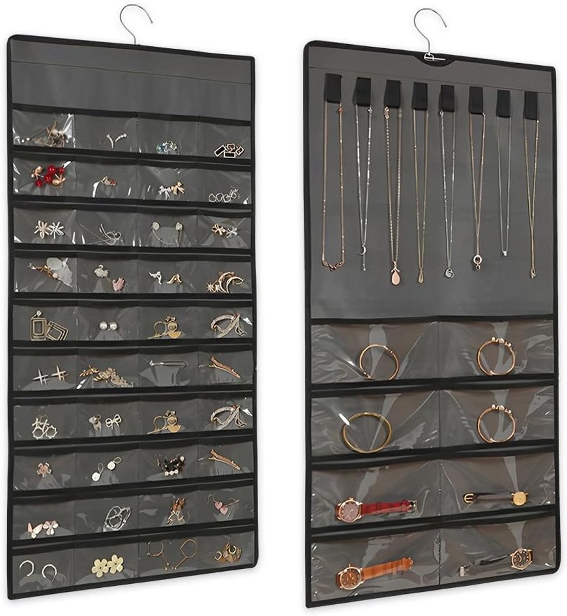 SnelShoppen - Hanging Jewellery Organiser met 48 Compartimenten, 43 x 78 cm, Grijze Wandkettingen met Haken, Perfect voor Sieraden, Armbanden, Ringen