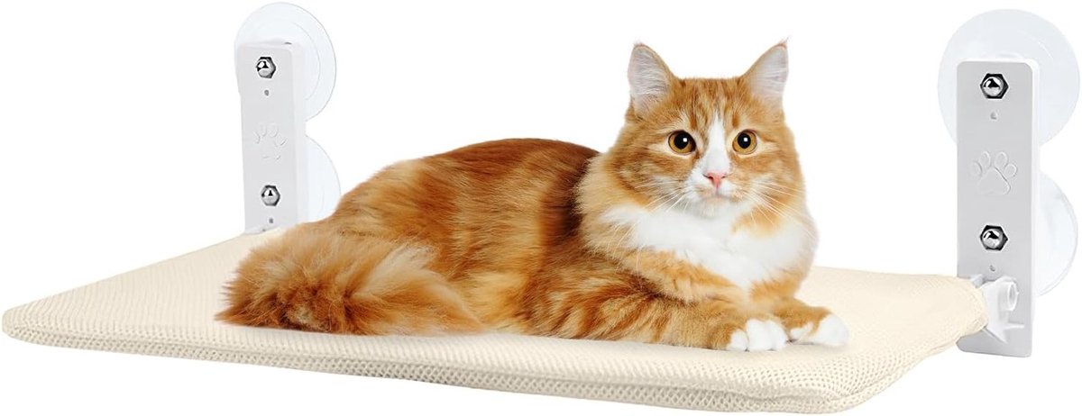 Hammock voor katten, 52 x 30 cm, opvouwbaar kattenbed met sterke zuignappen, ideaal voor raamgebruik, comfortabele kattenlounger in beige