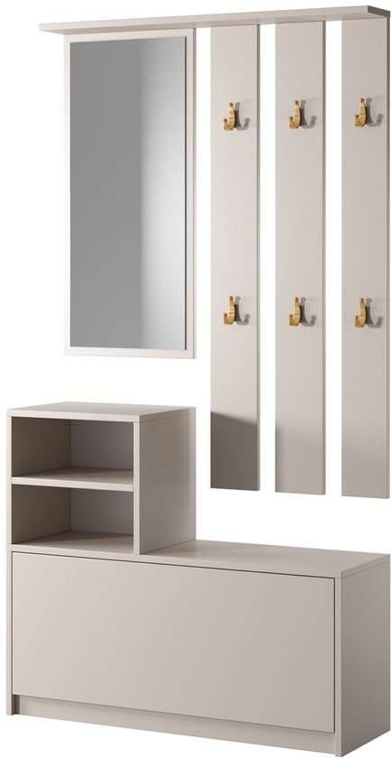 Halmeubel in kasjmiergrijs met schoenenkast, spiegel, en een paneel met 6 kapstokken. De klep van de schoenenkast is open.