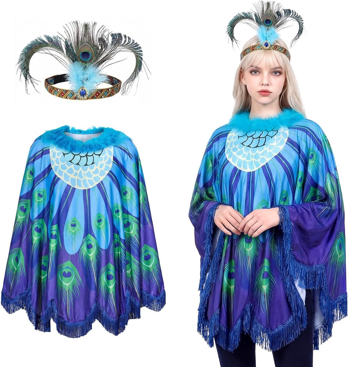 Elegante dames carnavalsoutfit met pauwenveren en kostuumaccessoires voor themafeesten en Halloween