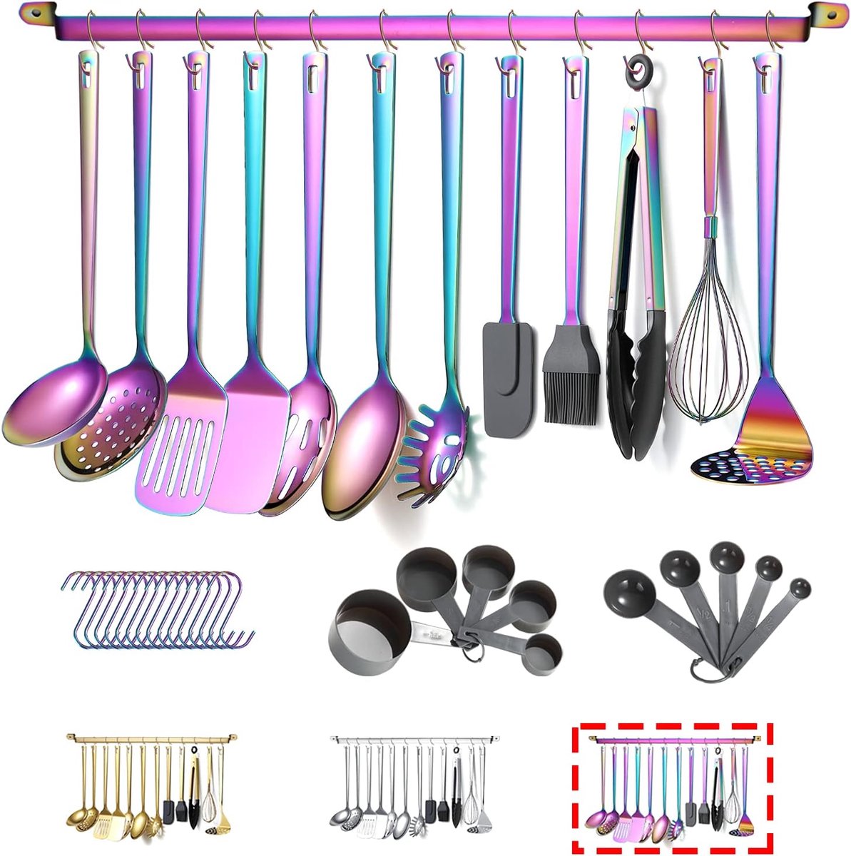 SnelShoppen - Rainbow Kookgerei Set 37-Delig RVS met Titanium Plating, Non-Stick en Warmtebestendig, Keukengerei Set met Houder, Afwasmachinebestendig