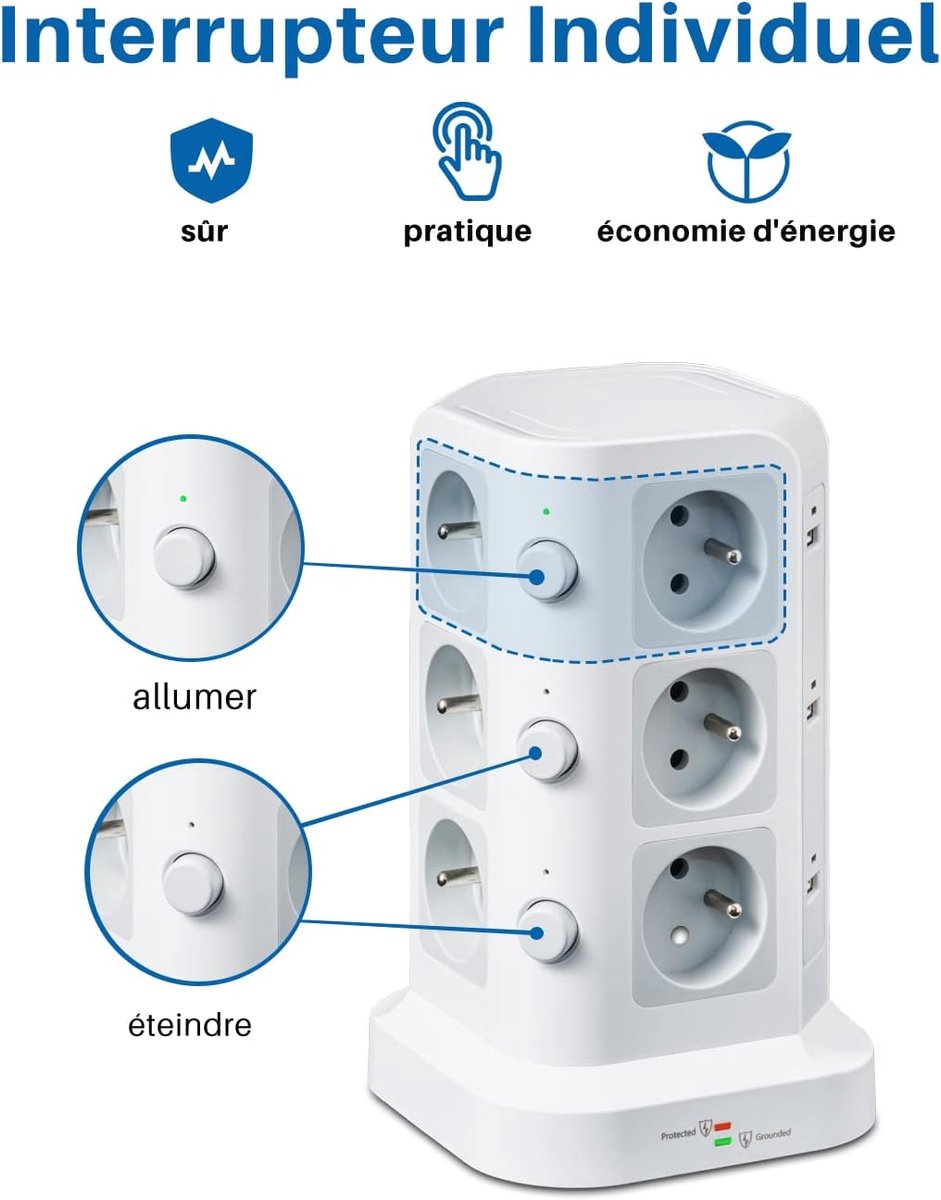 SnelShoppen - 12 Sockets 2P+T Type E Stekkerdoos met 6 USB Poorten, 4000W/16A, Overspanningsbeveiliging, 3 Schakelaars, 2m Kabel, Wit - Ideaal voor Th
