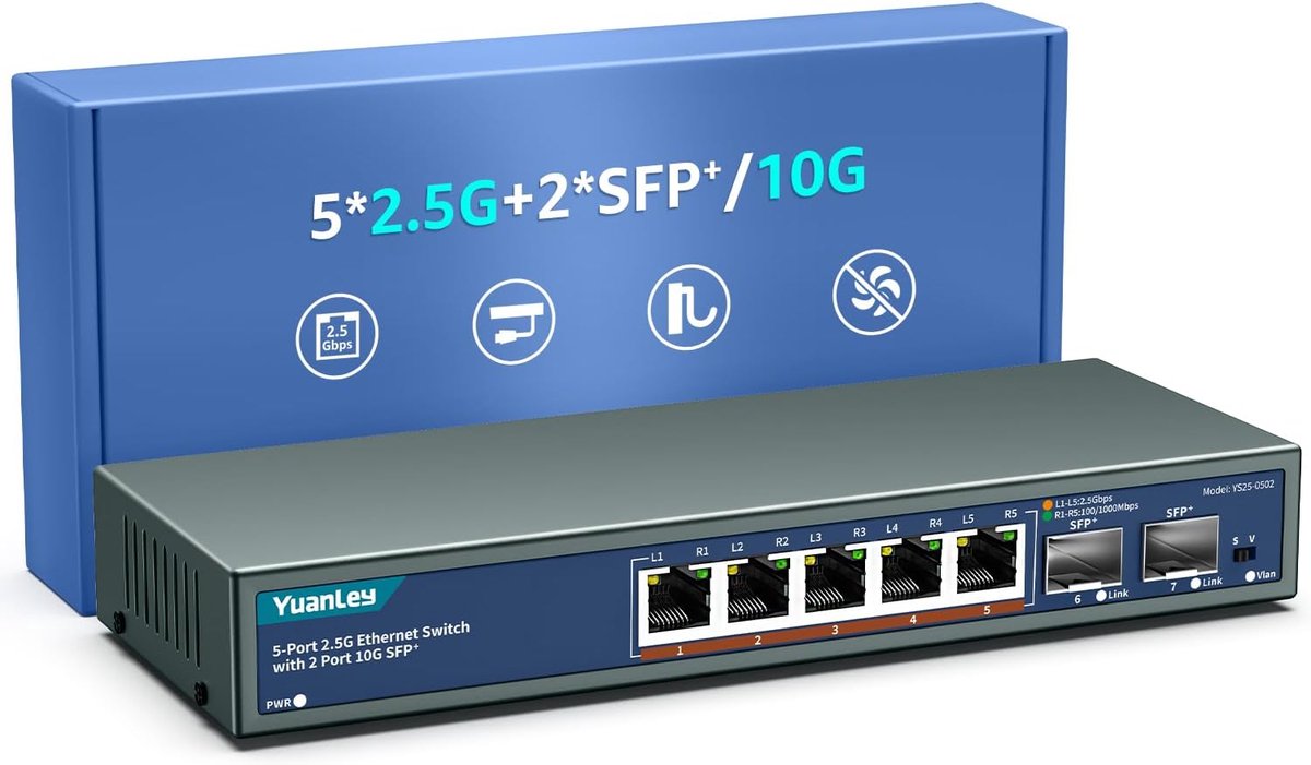 SnelShoppen - 7-Port 2.5G Ethernet Switch - 5 x 2.5G Base-T, 2 x 10G SFP, Fanless, Umanaged, Desktop/Wall Mount, Hoge Netwerksnelheid, VLAN, Compatibe