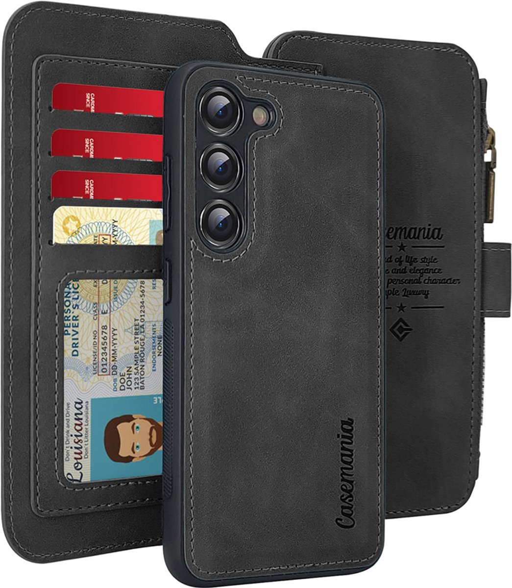 CaseMania Bookcase hoesje geschikt voor Samsung Galaxy A54 - Effen Zwart - Kunstleer - Portemonnee met 11 Vakjes voor Pasjes en Ritsvak