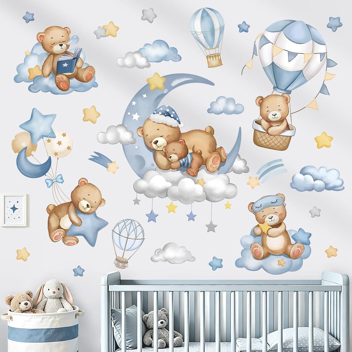SnelShoppen - Muurstickers voor Kinderen, Slapende Beer, Heteluchtballon, Wolken, Maan en Sterren, Zelfklevend PVC, Baby- en Kinderkamer Decoratie