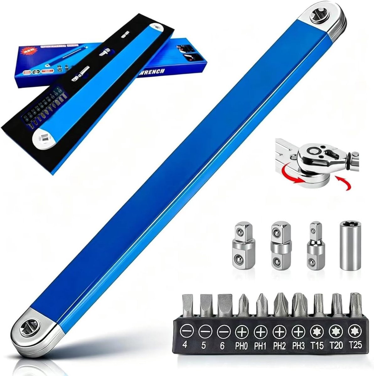 SnelShoppen - Slagschroevendraaierset met Ratelsleutel, 10-delige Schroevendraaierbitset, 1/2 inch, 1/4 inch en 3/8 inch Adapter voor Kleine Ruimtes