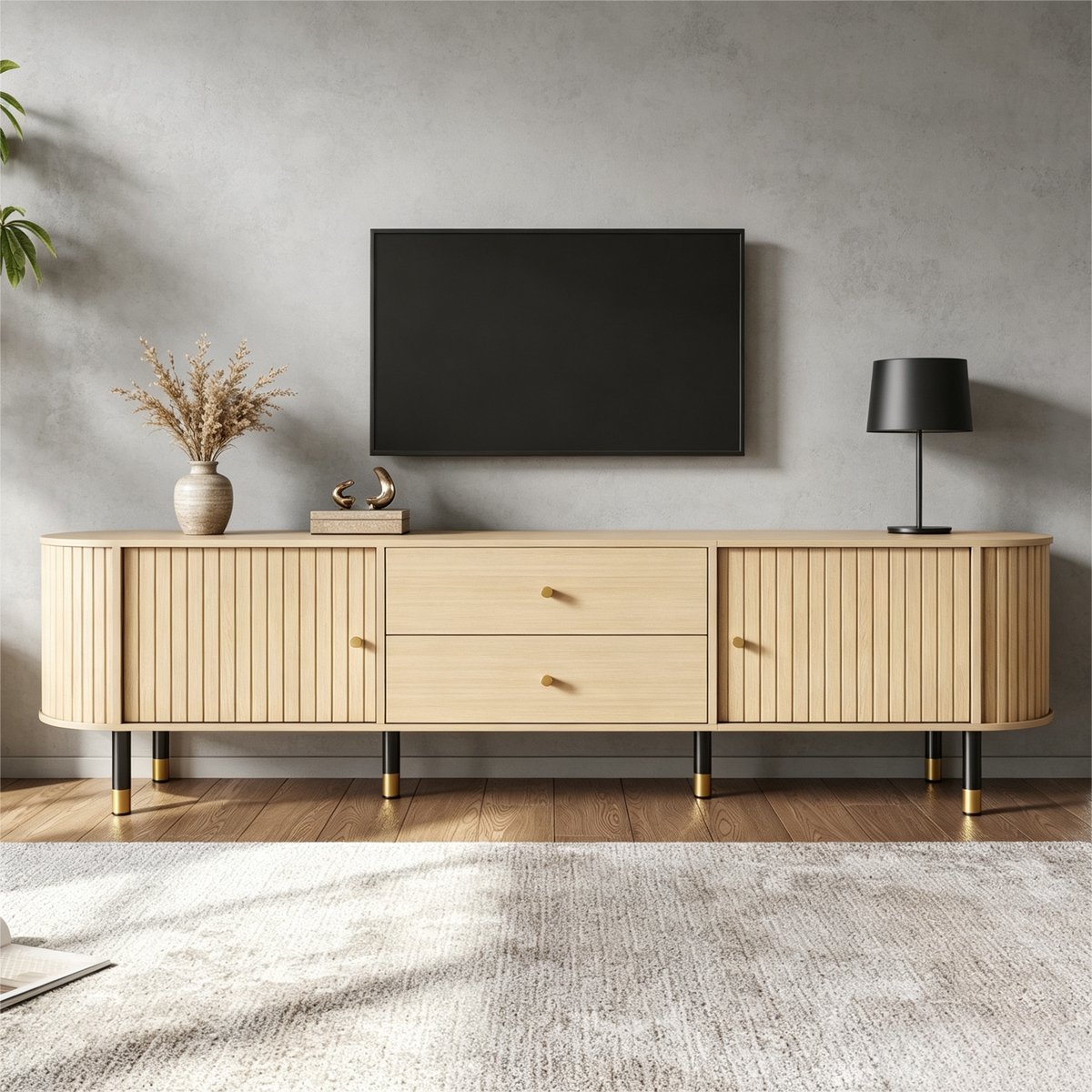 Pugsdrly TV-kast (lowboard), TV-bankjes 180 x 40 x 58 cm, ovale lowboard-kast met schuifdeuren en twee lades – TV-meubel in houtlook voor de woonkamer.