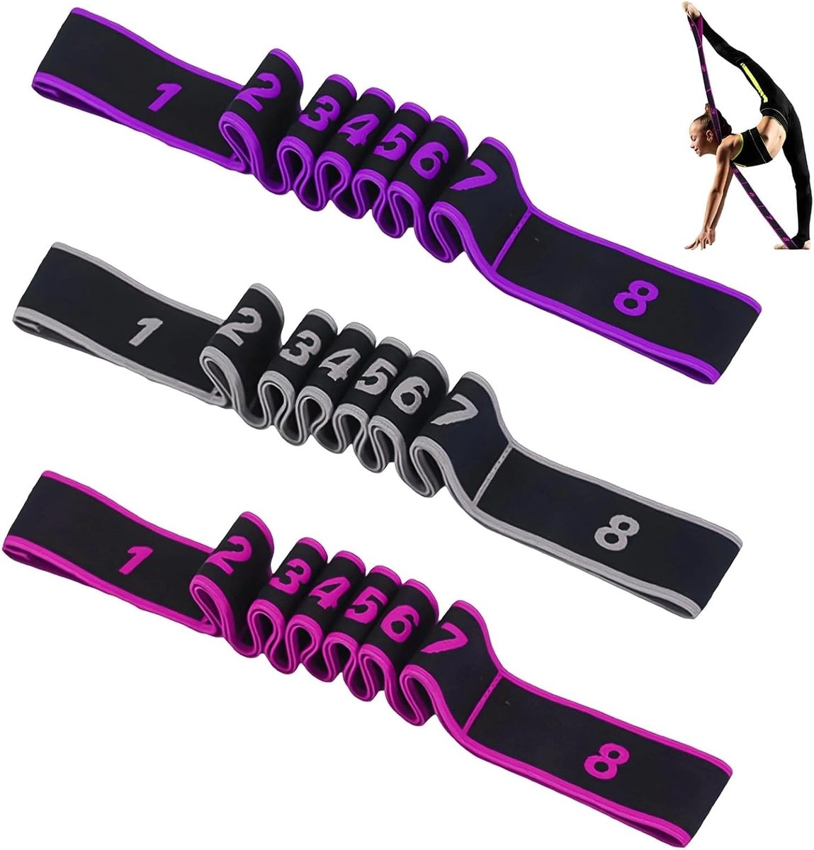 SnelShoppen - Pack van 3 Fitness Bands met Lussen, Gesegmenteerde Yoga Stretch Band, Verstelbare Fitness Bands, Stof, 3 Kleuren, 90 × 4 cm, Voor Fitne