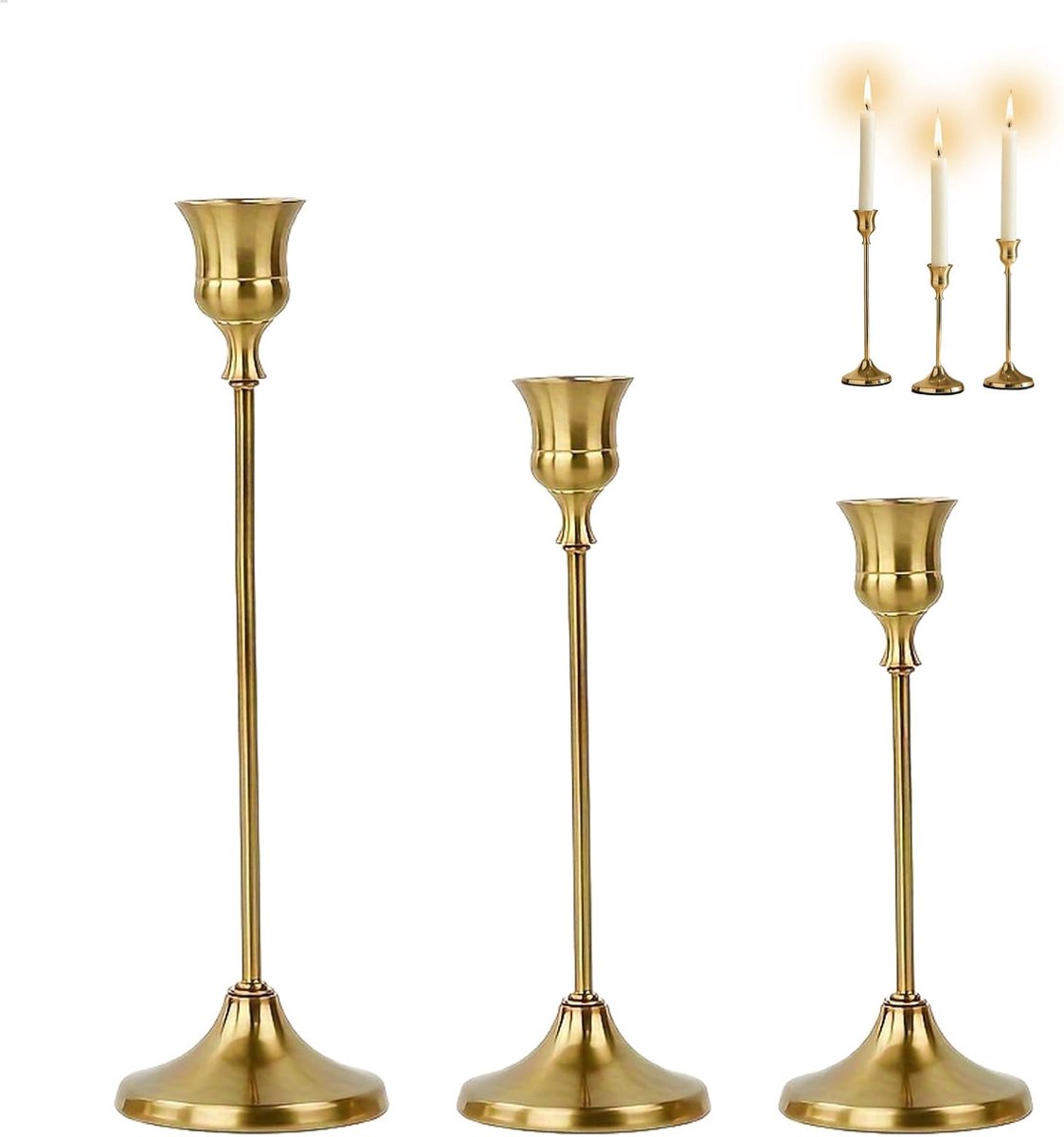 SnelShoppen - Candle Holder Set voor Staande Kaarsen, Vintage in 3 Hoogtes (15/19/23 cm), Gouden Kaarsenstandaards voor Diner, Bruiloft, Thuisdecorati