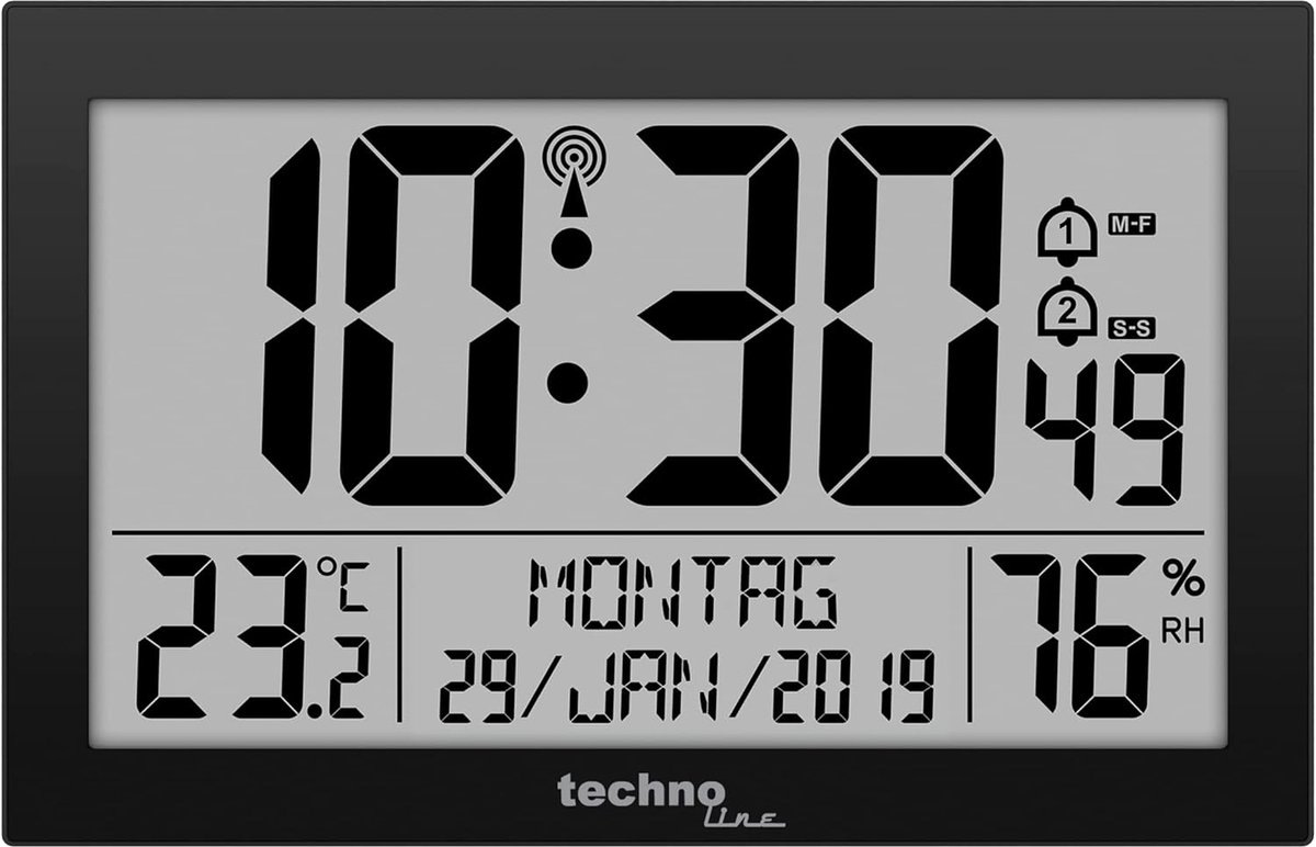 SnelShoppen - Digitale Wandklok DCF Radiogestuurd - Extra Grote LCD Display - Temperatuur en Vochtigheid - 2 Alarmen - Zwart - Ideaal voor Woonkamer,