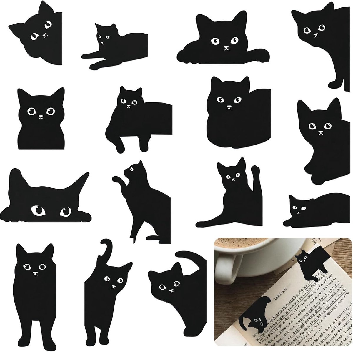 SnelShoppen - Magnetische Boekenleggers Set van 15 Stuks, Schattige Katten, Zwarte Kat Boekenlegger, Duurzaam Papier en Magneten, Perfect Cadeau voor