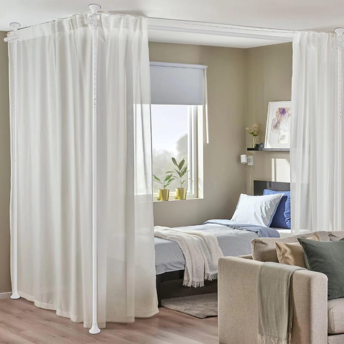 SnelShoppen - Room Divider zonder boren, Verstelbare Gordijnroede 280 cm x 317 cm, Vloer tot Plafond Tension Rod voor Tijdelijke Privacy, Perfect voor