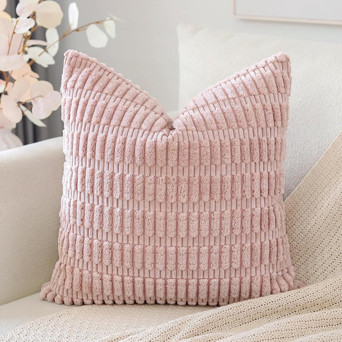 SnelShoppen - Boho Corduroy Kussenhoes 40x40 cm, Super Zacht, Gestreept, Decoratief voor Bank, Slaapkamer, Auto, Pink
