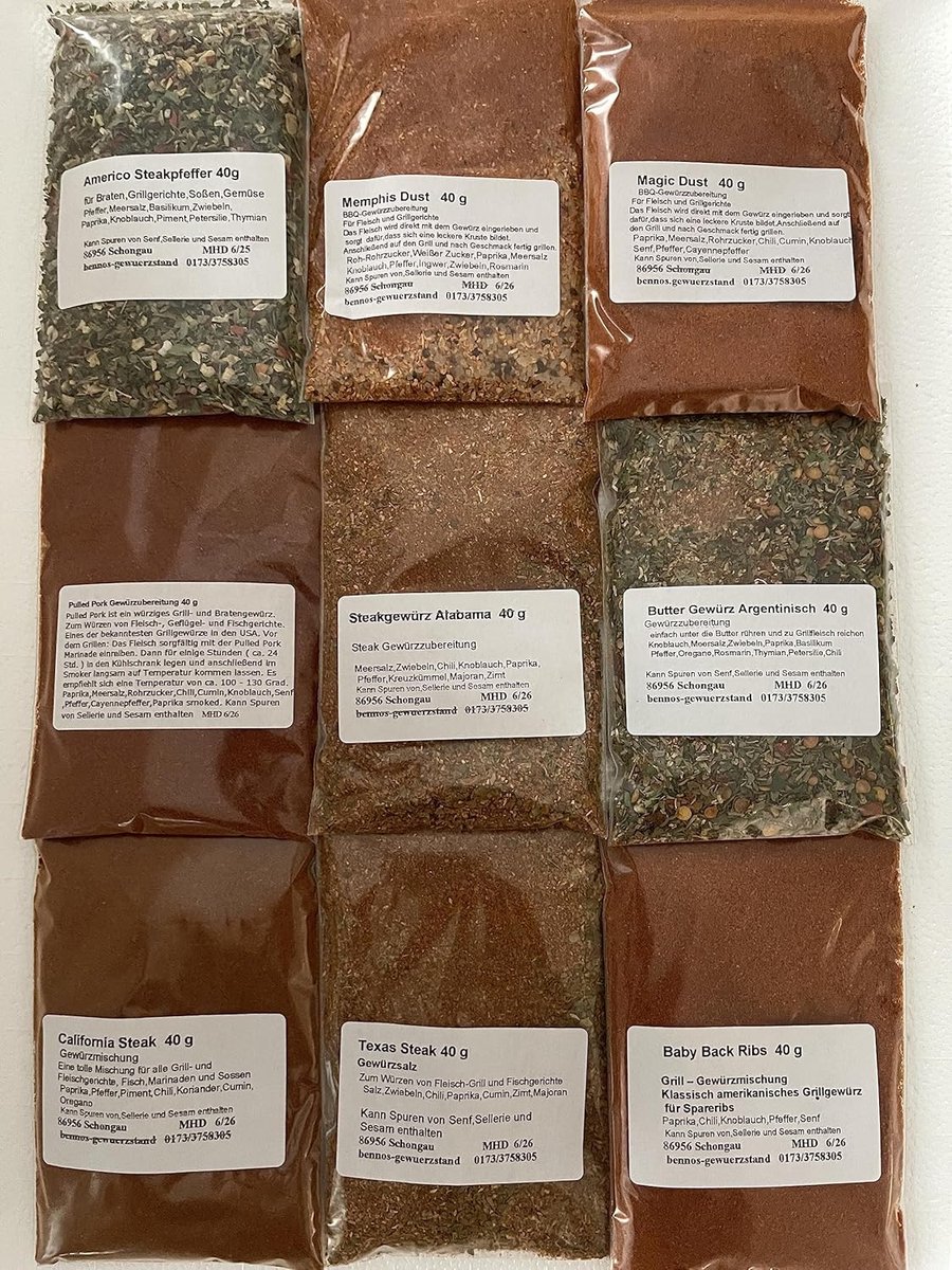 SnelShoppen - BBQ Grillkruiden Set 9x40g - Magic Dust, Pulled Pork, Texas Steak, Memphis Dust - Perfect voor Varkensvlees, Rundvlees, Lamsvlees - Zond