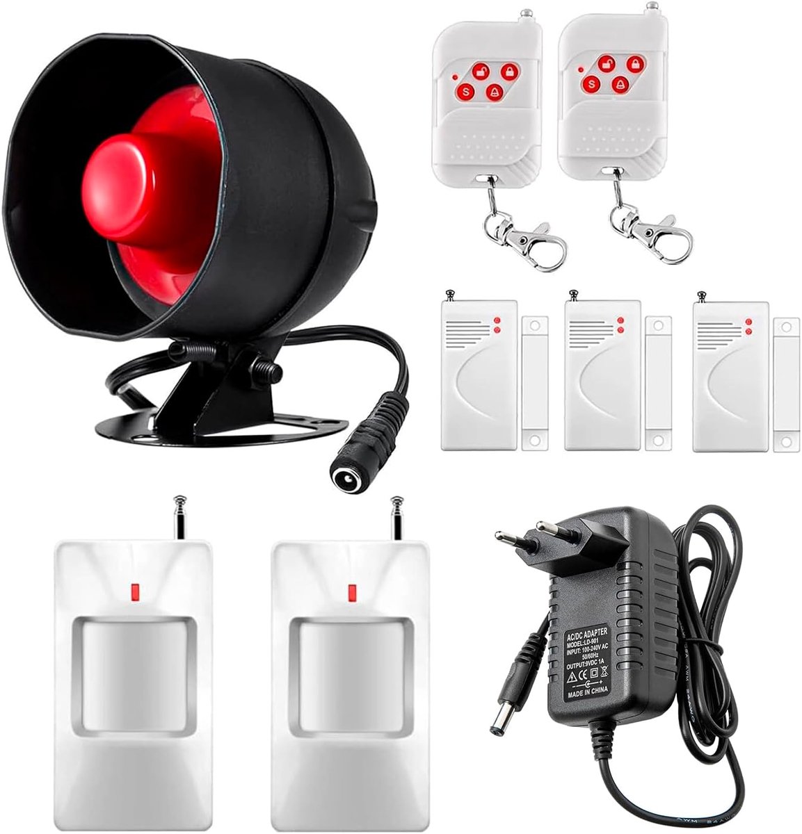 SnelShoppen - Alarm Systeem Veiligheid 9-Delige Set met 115 dB Sirene, Bewegingssensor, Deur- en Raamsensoren, Afstandsbediening voor Winkel, Magazijn