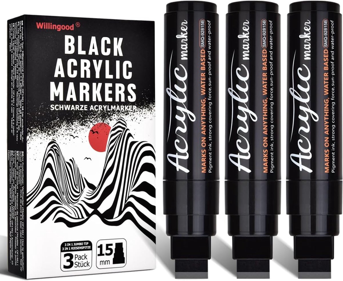 SnelShoppen - 3 x Zwarte Acryl Stiften Jumbo Marker Set, 15 mm Viltpunt, Sneldrogend, Waterdicht, Permanente Marker voor Steen, Keramiek, Glas, Hout,