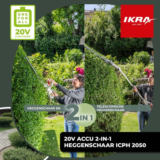 IKRA 2-in-1 accu-heggenschaar ICPH 2050 met telescoopsteel, inclusief 20 V accu, schouderriem en mes-bescherming van IKRA — afbeelding 3