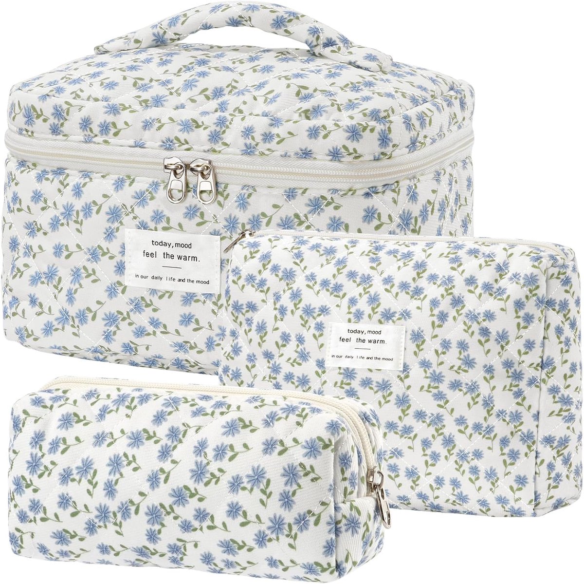 SnelShoppen - Cosmetic Bag Set 3-delig voor Vrouwen - Bloemen Toilettas - Gequilt - Draagbare Reistas voor Make-up - Perfect voor Reizen en Dagelijks