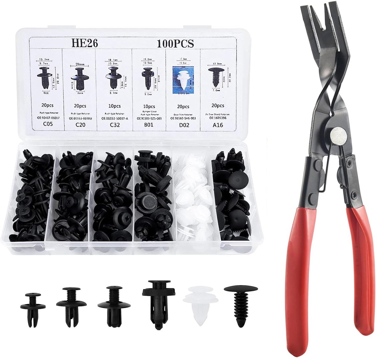 SnelShoppen - Body Clips, Car Fixing Clips, Plastic Rivets, Bumper Fixing Clips met Pliers voor Auto, 100 Stuks en Diverse Maten